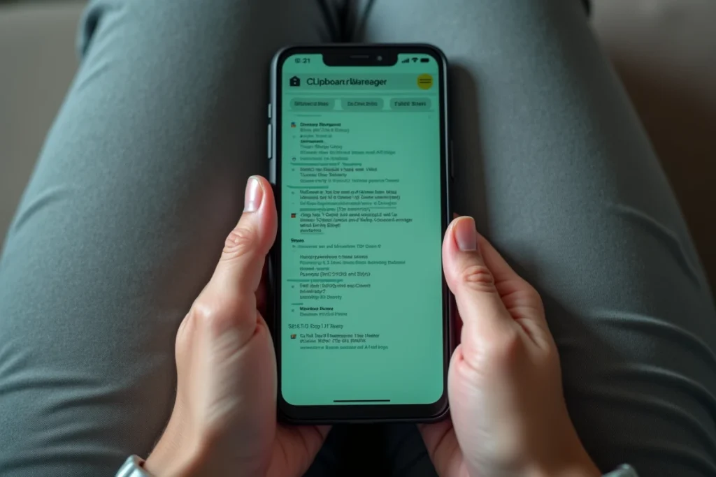 Gros plan d'un smartphone Android affichant une application de gestion du presse-papier avec données copiées