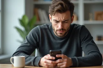 Homme consultant les paramètres de confidentialité de son smartphone Android dans un bureau minimaliste