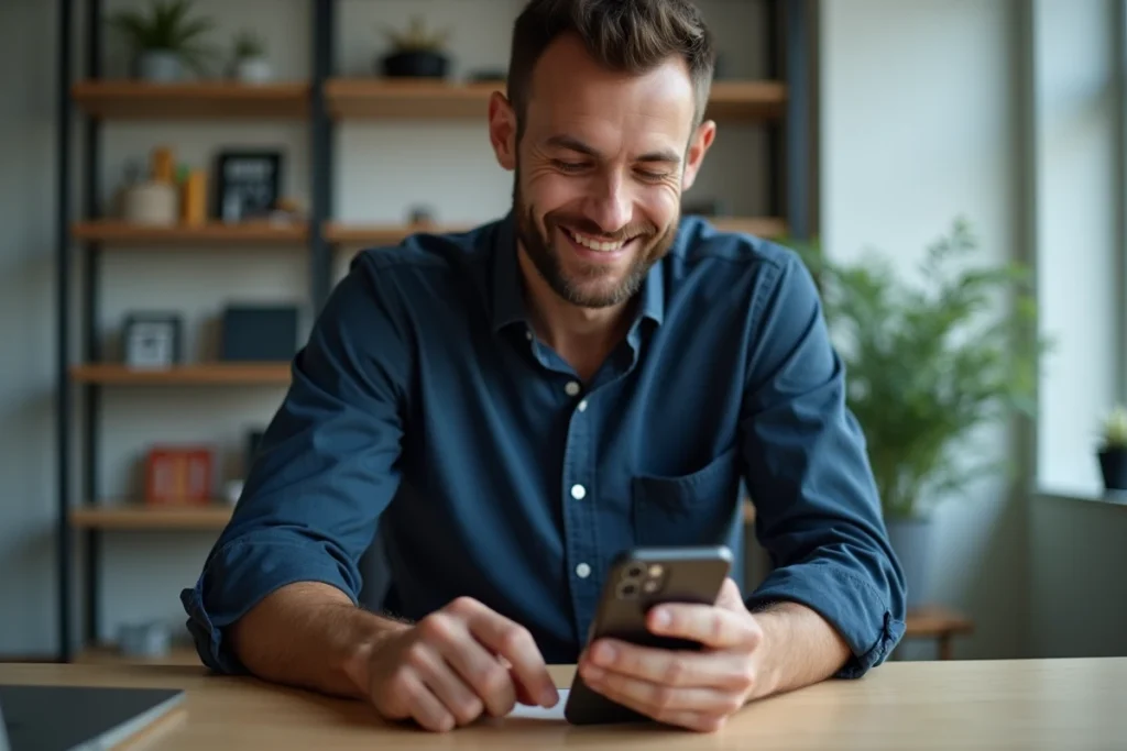 Homme configurant une adresse email Yahoo sur iPhone dans un bureau à domicile