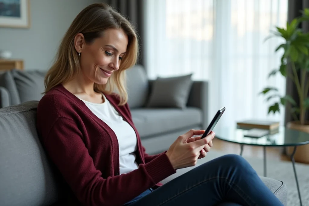 Femme adulte en train de créer une boîte mail Yahoo depuis son téléphone dans un salon