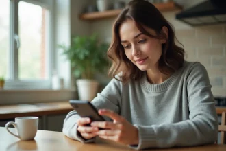 Jeune femme créant un compte mail Yahoo sur smartphone Android dans une cuisine moderne