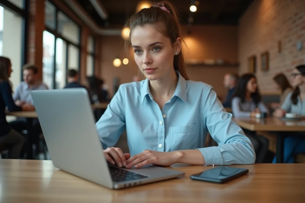 Femme protégeant ses données personnelles sur Android dans un café public avec ordinateur portable