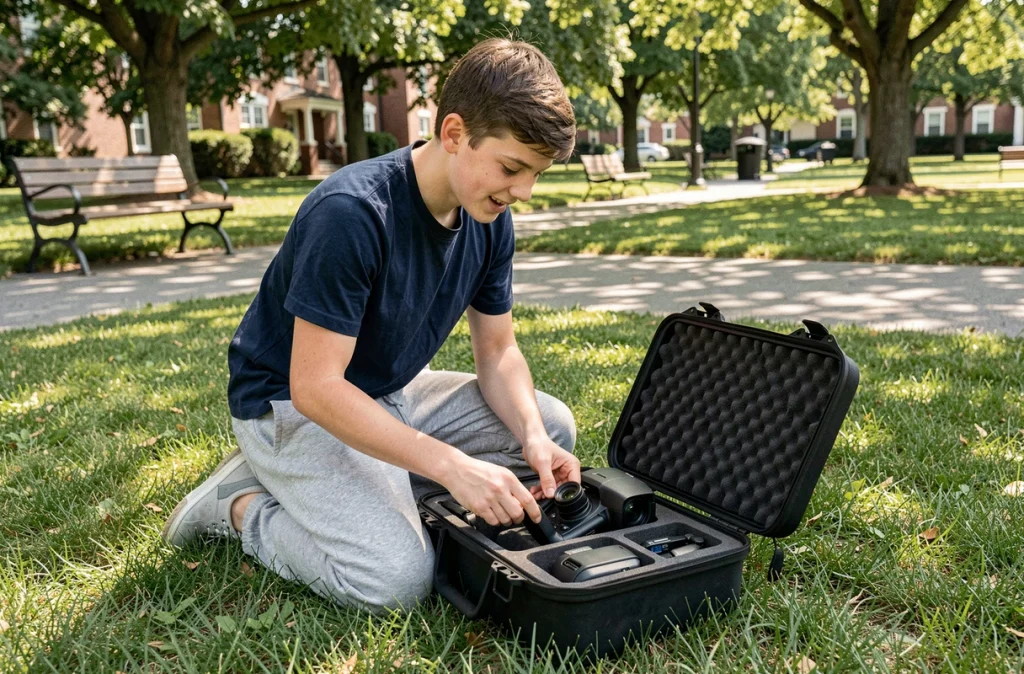 Adolescent déballant un nouveau drone caméra dans un parc urbain avec enthousiasme