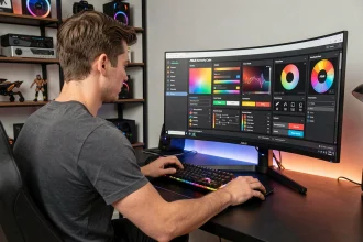 Jeune homme utilisant le logiciel Armoury Crate ASUS sur un PC de bureau gaming avec interface RGB personnalisée à l'écran