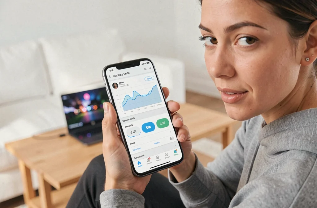 Femme tenant un smartphone Android avec l'application Armoury Crate Mobile affichant des statistiques de performance et des contrôles système