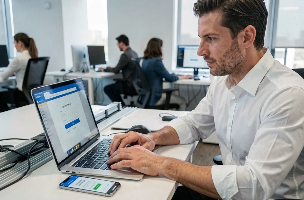Employé configurant une authentification à deux facteurs sur un ordinateur portable dans un bureau moderne