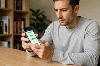 Homme vérifiant l'autonomie de batterie du Samsung Galaxy A35 5G dans un bureau à domicile moderne