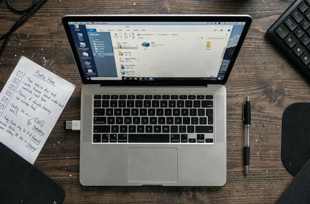 Vue aérienne d'un bureau avec un ordinateur portable affichant des fichiers ISO Windows et une clé USB