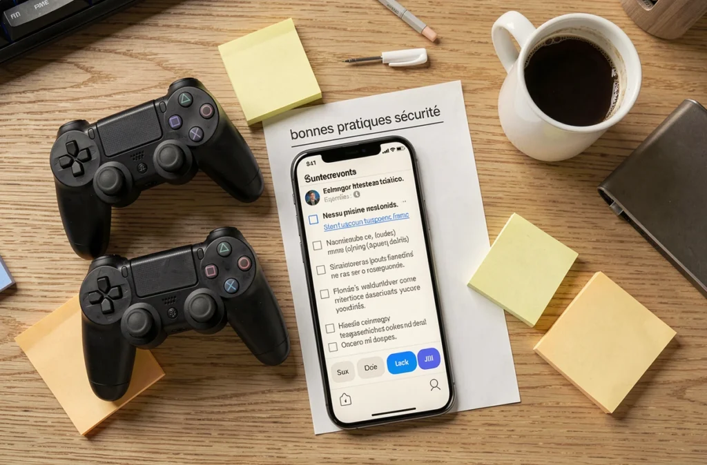 Vue aérienne d'un bureau de gamer avec un avertissement de suspension de compte affiché sur smartphone et une checklist des bonnes pratiques de sécurité