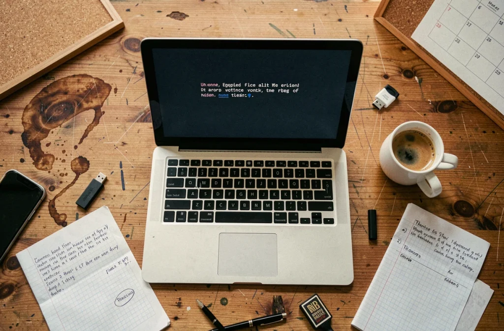 Bureau d'une petite entreprise avec un ordinateur portable affichant un avertissement de fichiers chiffrés par ransomware