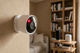 Caméra de surveillance connectée installée dans un salon moderne avec un voyant rouge allumé