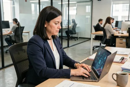 Professionnelle en entreprise consultant un écran avec des symboles de chiffrement d'e-mails dans un open space moderne