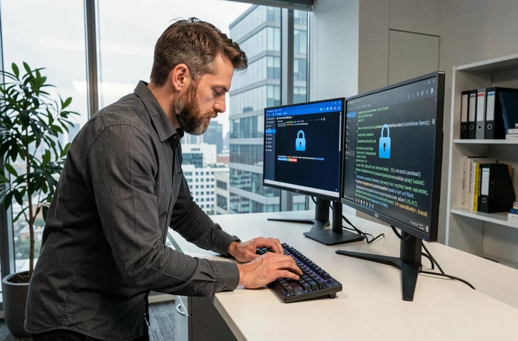 Homme d'affaires utilisant un système de messagerie chiffrée sur double écran dans un bureau privé avec vue urbaine
