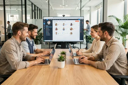 Trois collègues collaborant en temps réel sur des documents partagés autour d'une table de réunion moderne avec laptops et écran tactile