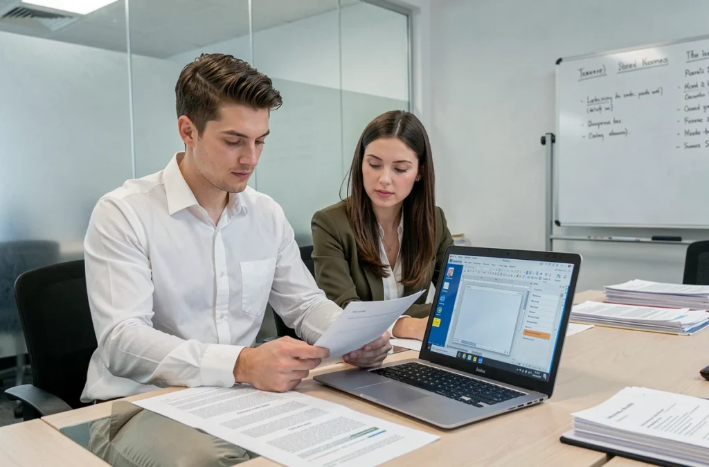 Deux collègues révisant un rapport imprimé et sa mise en page sous LibreOffice Writer en salle de réunion moderne