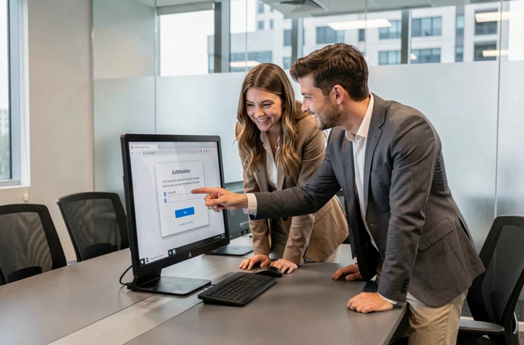 Deux collègues configurant une authentification à deux facteurs pour protéger l'accès à leurs fichiers cloud en salle de réunion