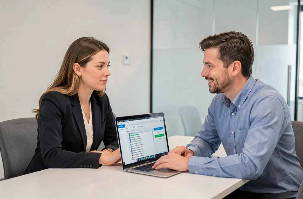 Deux collègues collaborant sur l'utilisation de macros Excel pour automatiser des tâches répétitives en réunion