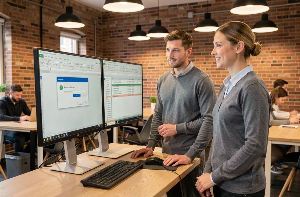 Deux collègues en espace de coworking comparant le filtre avancé et la suppression de doublons sur Excel avec deux écrans
