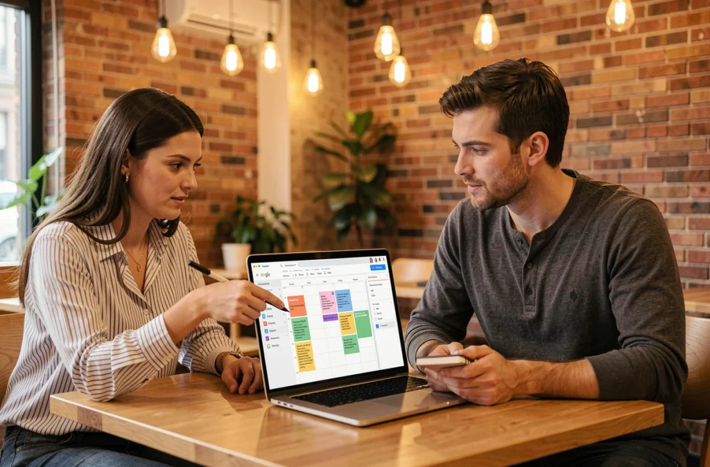Deux collègues planifiant leur agenda partagé sur Google Agenda dans un espace de coworking