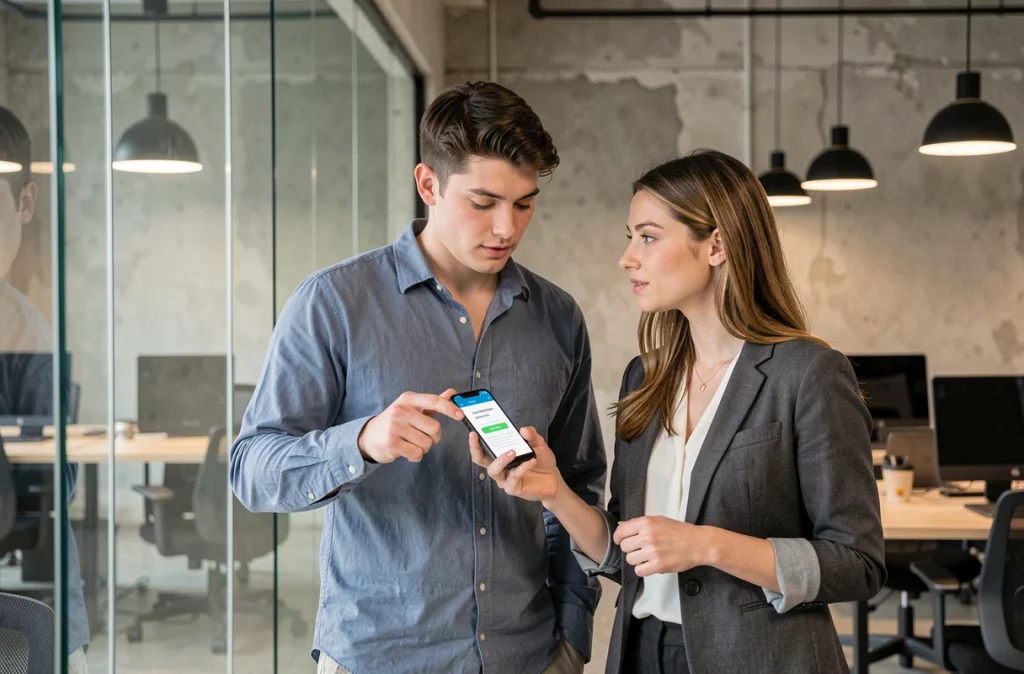 Deux collègues discutant de la sécurité numérique et de la double authentification dans un espace de coworking