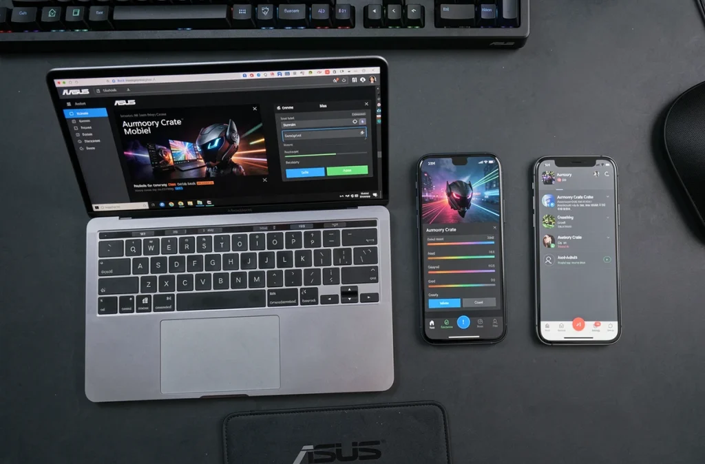 Comparaison côte à côte du logiciel Armoury Crate sur ordinateur portable ASUS et de l'application mobile Armoury Crate sur smartphone