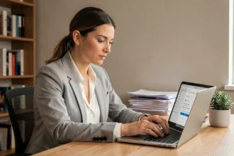 Femme configurant une messagerie mel ac Limoges dans un client email sur ordinateur portable au bureau