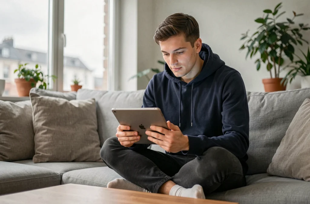 Jeune homme consultant son webmail ac Rennes sur une tablette depuis son domicile