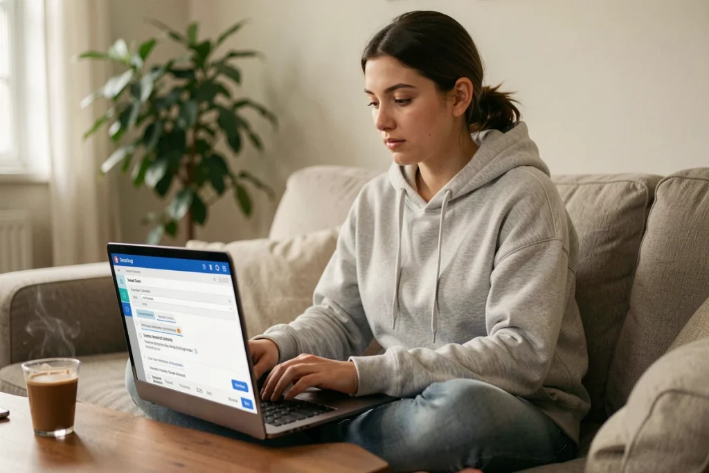 Jeune femme corrigeant des erreurs de traduction automatique sur un logiciel depuis son canapé avec un ordinateur portable