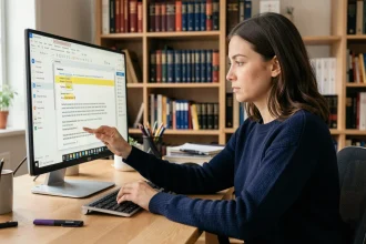 Femme correctrice révisant des erreurs de traduction automatique sur un logiciel spécialisé à son bureau à domicile