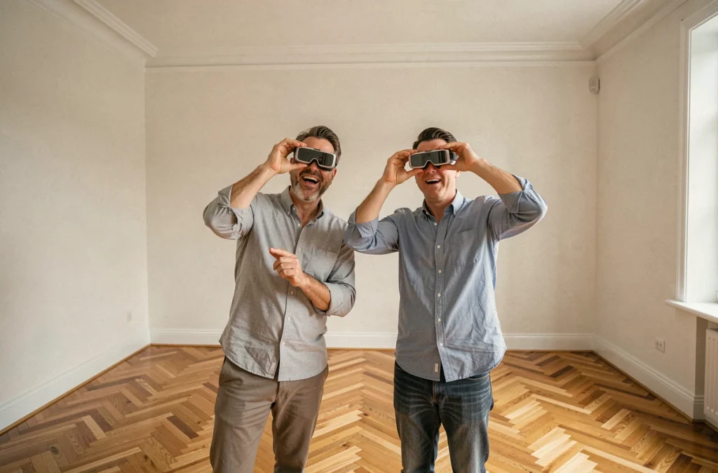 Couple portant des lunettes de réalité augmentée pour aménager virtuellement une pièce vide dans une maison rénovée