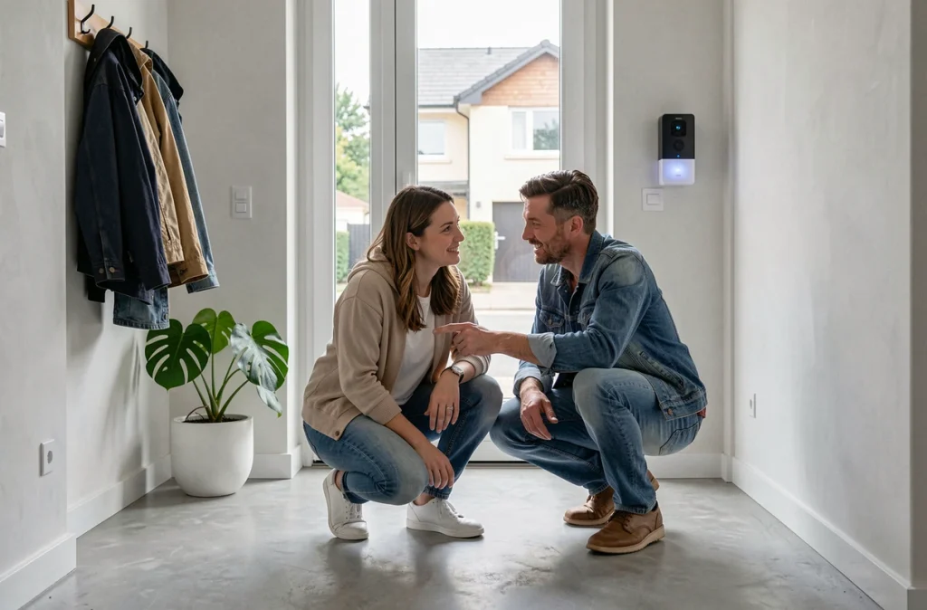 Couple installant une sonnette connectée et un système de sécurité domotique à l'entrée de leur maison