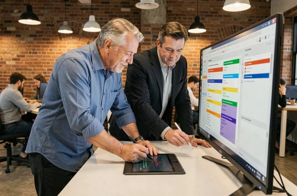 Deux professionnels annotant et éditant simultanément un document partagé sur un grand écran dans un espace de coworking