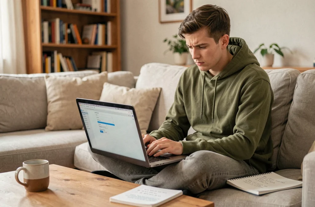 Jeune homme résolvant une erreur de configuration de messagerie mel ac Limoges depuis son canapé avec un carnet de notes
