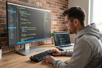 Développeur Python utilisant un environnement virtuel avec pip dans un bureau moderne à domicile
