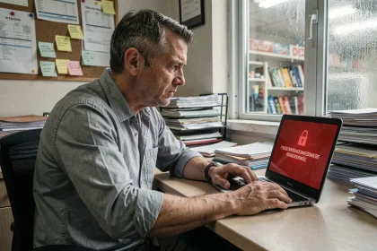Chef d'une petite entreprise stressé face à un message de ransomware sur son ordinateur portable dans un bureau encombré