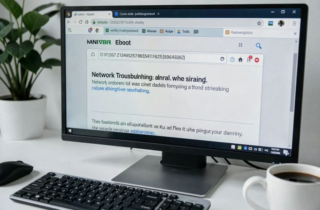 Écran d'ordinateur affichant une erreur de navigation causée par une adresse IP mal saisie dans le navigateur