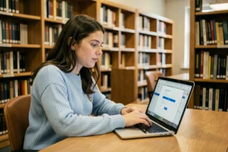 Étudiante connectant son webmail ac-rennes sur un ordinateur portable dans une bibliothèque universitaire