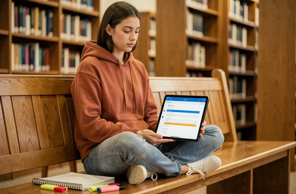 Étudiante utilisant un outil de comptage de caractères en ligne sur une tablette dans une bibliothèque universitaire
