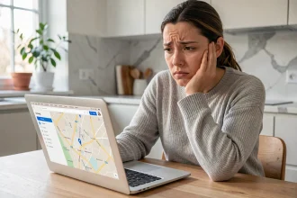 Femme inquiète utilisant Apple Localiser sur MacBook pour retrouver un iPhone perdu