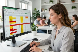 Femme au bureau analysant des doublons dans un tableau Excel sur un grand écran de bureau