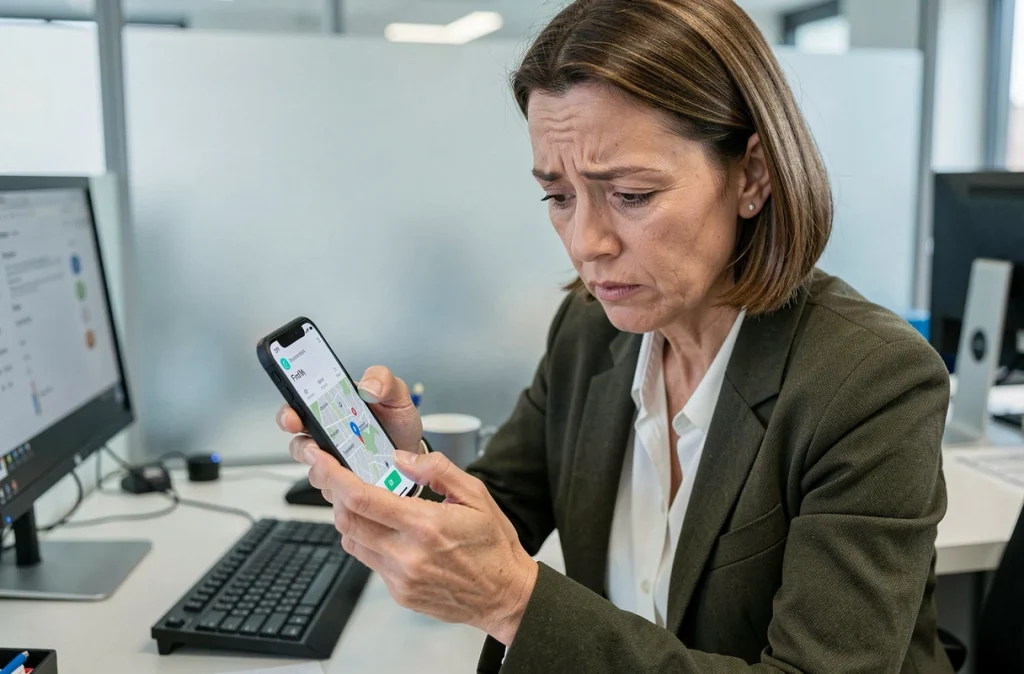 Femme en bureau utilisant un iPhone de secours pour localiser son téléphone perdu via Find My