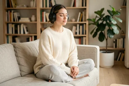 Jeune femme immergée dans l'écoute musicale en audio spatial avec un casque sans fil dans un salon scandinave moderne