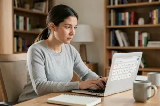 Jeune femme utilisant un compteur de caractères en ligne sur son ordinateur portable dans un bureau à domicile