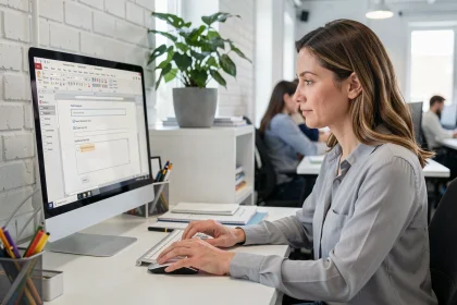 Femme créant un formulaire interactif dans Microsoft Word sur un ordinateur de bureau dans un bureau moderne