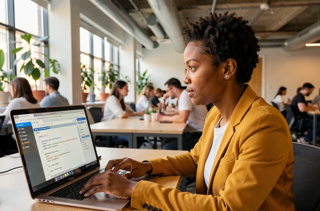 Femme développeuse configurant un environnement virtuel Python avec pip dans un espace de coworking