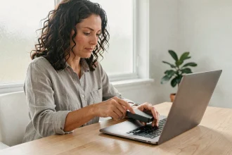 Femme connectant un disque dur externe portable à un ordinateur portable dans un bureau à domicile minimaliste
