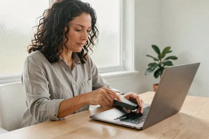 Femme connectant un disque dur externe portable à un ordinateur portable dans un bureau à domicile minimaliste