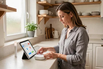 Femme utilisant un hub domotique dans une cuisine française moderne avec objets connectés