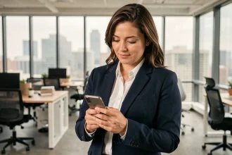 Femme utilisant la double authentification sur son smartphone dans un bureau moderne