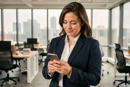 Femme utilisant la double authentification sur son smartphone dans un bureau moderne